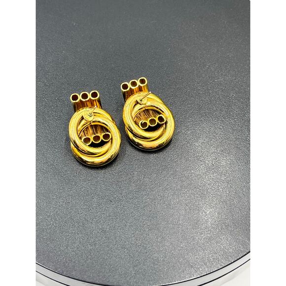 Chunky Intertwined Woven Love Knot. Gold Pierced Door knocker Earrings - Picture 2 of 8